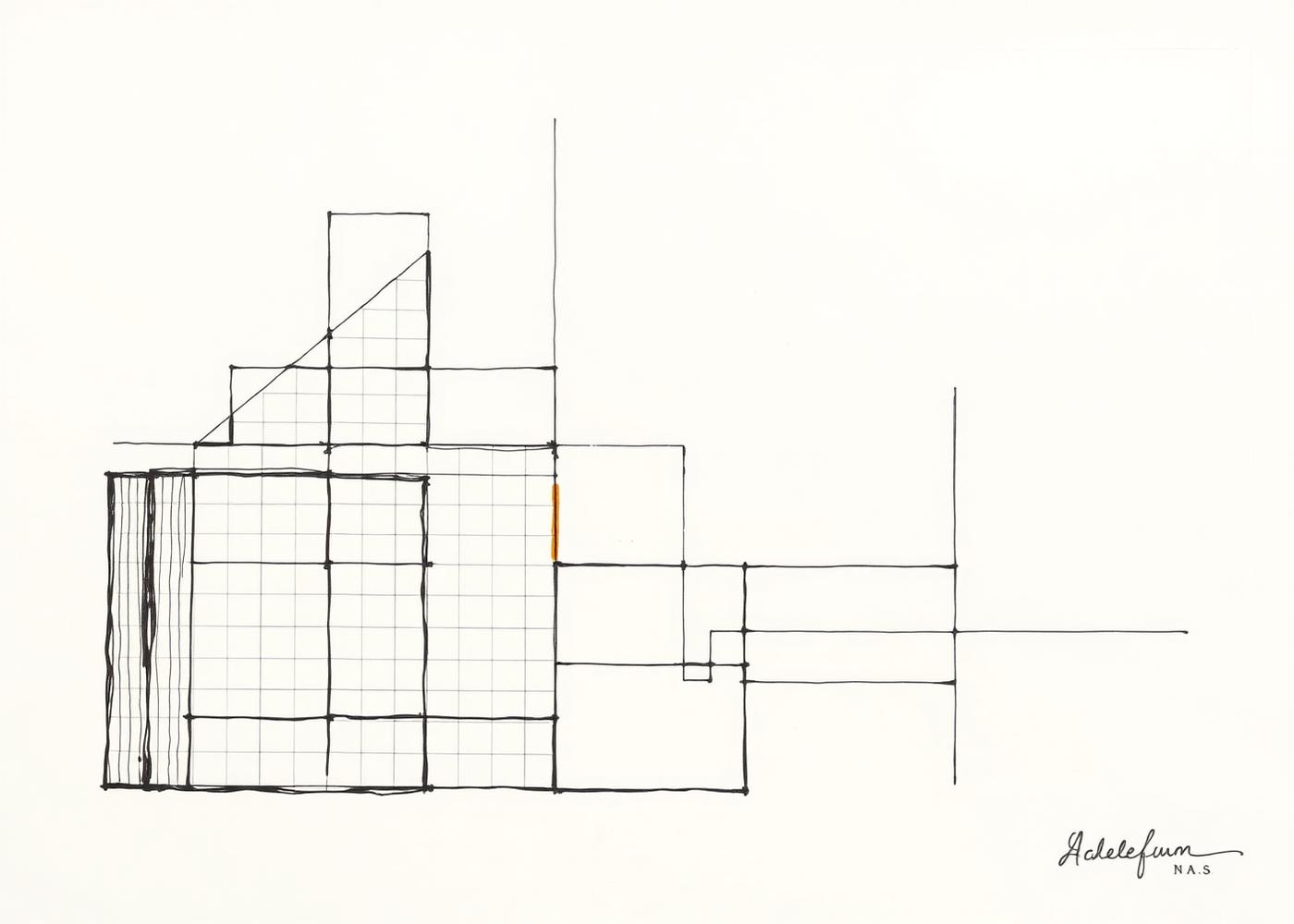 Architectural line drawing on cream paper with a single orange mark