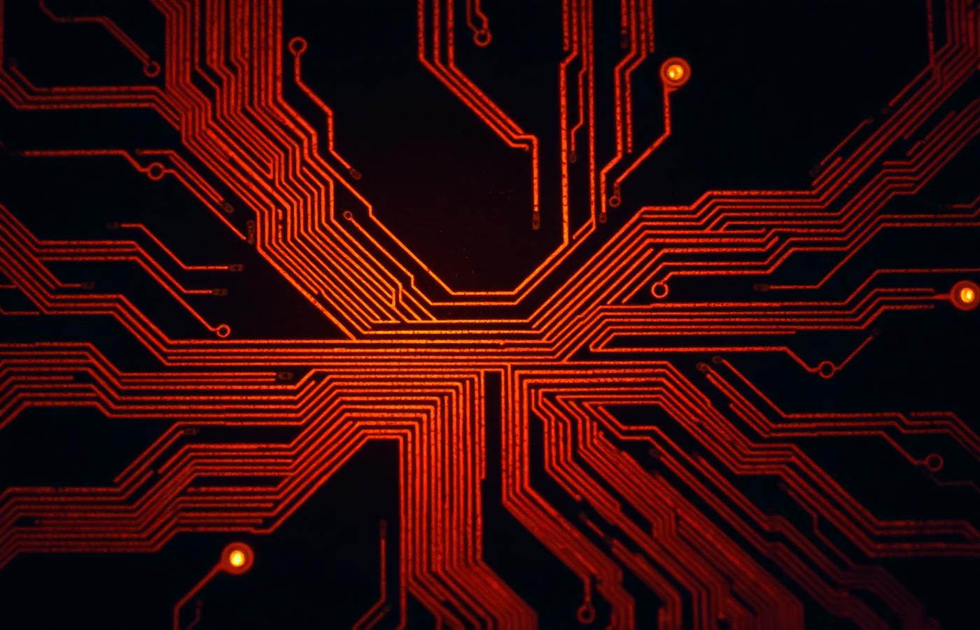 Glowing circuit board traces on a dark background