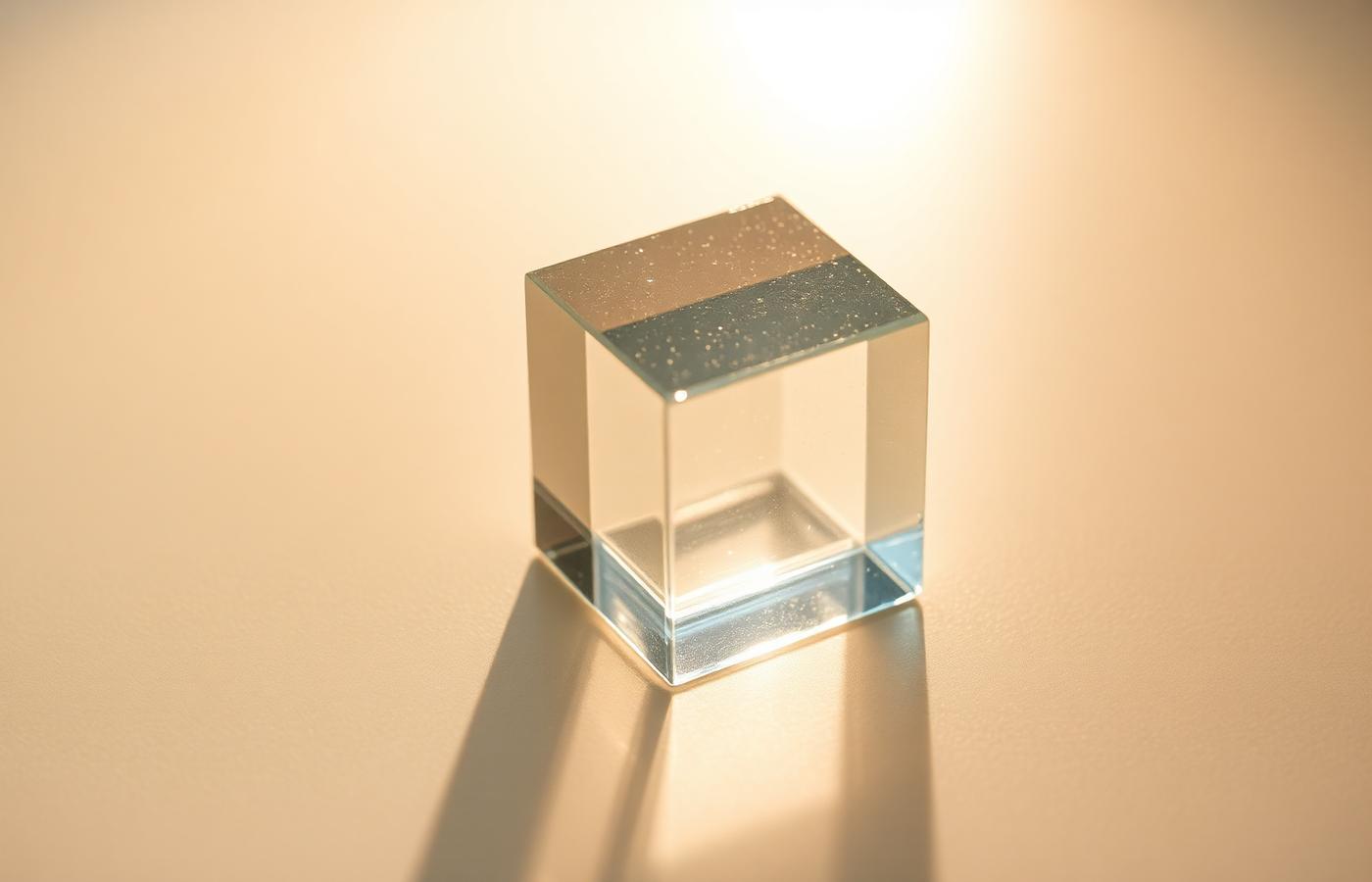 Glass cube on a warm surface catching a beam of light