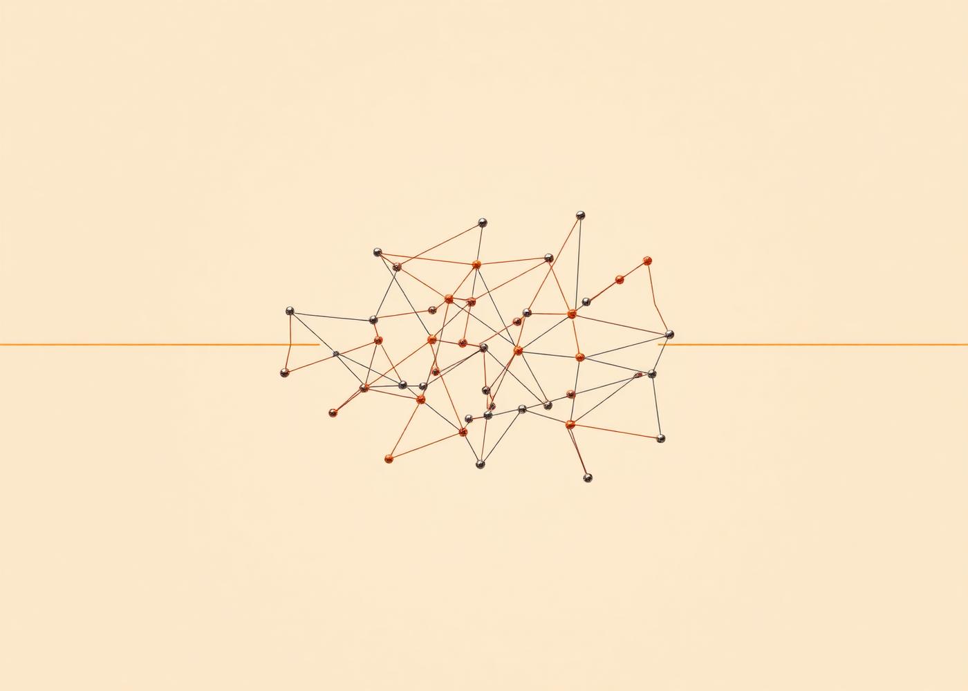 Wire-and-bead network sculpture with a horizontal orange thread
